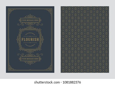 Vintage ornament greeting card vector template. Retro wedding invitation, advertising or other design and place for text. Flourishes ornamental frame and pattern background.
