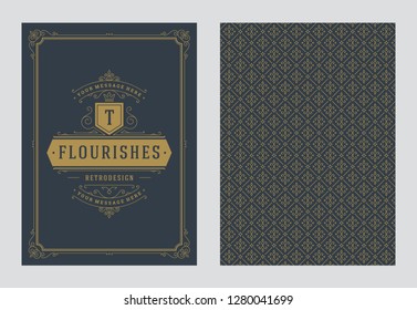 Vintage ornament greeting card vector template. Good for retro invitation, advertising or other design and place for text. Flourishes ornamental frame and pattern background.