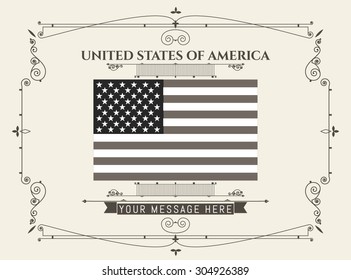 Vintage ornament greeting card vector template & Flag of United States of America. Retro  invitations, banner,  advertising or other design and place for text 