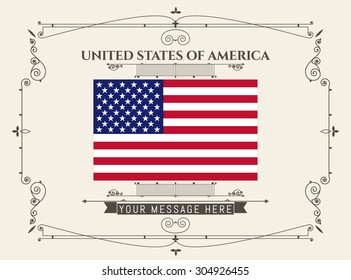 Vintage ornament greeting card vector template & Map of United States of America. Retro  invitations, banner,  advertising or other design and place for text 