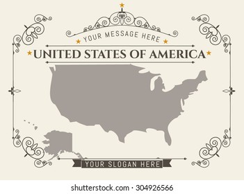 Vintage ornament greeting card vector template &  Map of USA. Retro  invitations, banner,  advertising or other design and place for text 