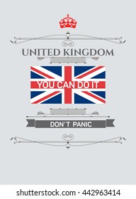Vintage ornament greeting card vector template &  Flag of the United Kingdom. Retro  invitations, banner,  advertising or other design and place for text. Inscription  You Can Do It, don"t panic  