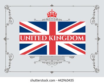 Vintage ornament greeting card vector template &  Flag of the United Kingdom. Retro  invitations, banner,  advertising or other design and place for text 