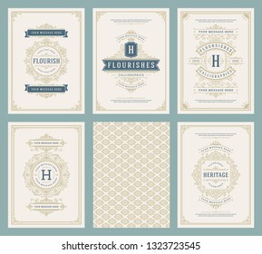 Vintage ornament greeting cards set vector templates. Flourishes ornamental frames and pattern background for wedding invitations, advertising or other design and place for text.