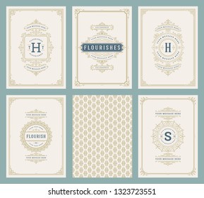 Vintage ornament greeting cards set vector templates. Flourishes ornamental frames and pattern background for wedding invitations, advertising or other design and place for text.