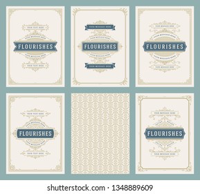 Vintage ornament greeting cards set vector templates. Flourishes ornamental frames and pattern background for wedding invitations, advertising or other design and place for text.