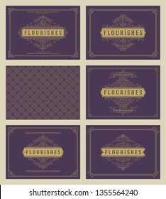 Vintage ornament greeting cards set vector templates. Flourishes ornamental frames and pattern background for wedding invitations, advertising or other design and place for text.