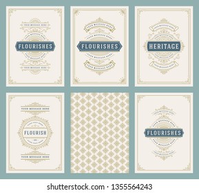 Vintage ornament greeting cards set vector templates. Flourishes ornamental frames and pattern background for wedding invitations, advertising or other design and place for text.