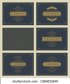 Vintage ornament greeting cards set vector templates. Flourishes ornamental frames and pattern background for wedding invitations, advertising or other design and place for text.