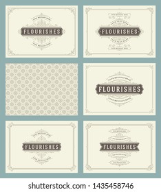 Vintage ornament greeting cards set vector templates. Flourishes ornamental frames and pattern background for wedding invitations, advertising or other design and place for text.