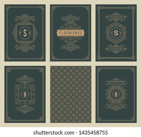 Vintage ornament greeting cards set vector templates. Flourishes ornamental frames and pattern background for wedding invitations, advertising or other design and place for text.