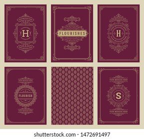 Vintage ornament greeting cards set templates flourish ornate frames and pattern background vector illustration for wedding invitations, greeting cards or other design and place for text.