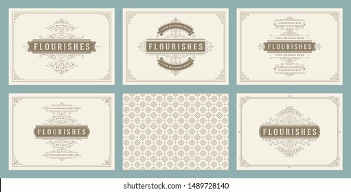 Vintage ornament greeting cards set templates flourish ornate frames and pattern background vector illustration for wedding invitations, greeting cards or other design and place for text.