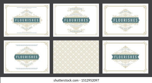 Vintage ornament greeting cards set templates flourish ornate frames and pattern background vector illustration for wedding invitations, greeting cards or other design and place for text.