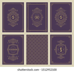 Vintage ornament greeting cards set templates flourish ornate frames and pattern background vector illustration for wedding invitations, greeting cards or other design and place for text.