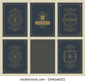 Vintage ornament greeting cards set vector templates. Flourishes ornamental frames and pattern background for wedding invitations, advertising or other design and place for text.