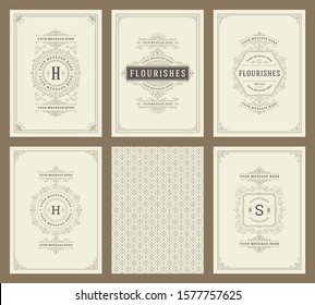 Vintage ornament greeting cards set vector templates. Flourishes ornamental frames and pattern background for wedding invitations, advertising or other design and place for text.