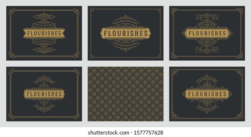 Vintage ornament greeting cards set templates flourish ornate frames and pattern background vector illustration for wedding invitations, greeting cards or other design and place for text.