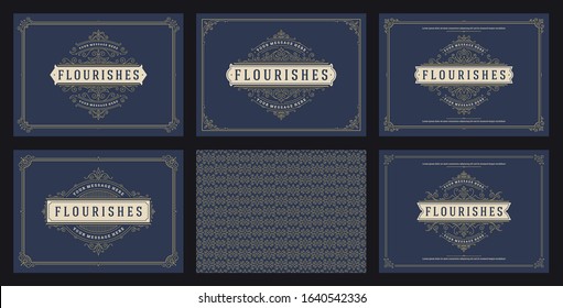 Vintage ornament greeting cards set templates flourish ornate frames and pattern background vector illustration for wedding invitations, greeting cards or other design and place for text.