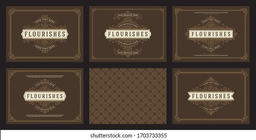 Vintage ornament greeting cards set templates flourish ornate frames and pattern background vector illustration for wedding invitations, greeting cards or other design and place for text.