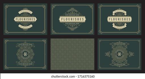 Vintage ornament greeting cards set templates flourish ornate frames and pattern background vector illustration for wedding invitations, greeting cards or other design and place for text.