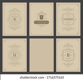 Vintage ornament greeting cards set templates flourish ornate frames and pattern background vector illustration for wedding invitations, greeting cards or other design and place for text.