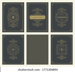 Vintage ornament greeting cards set templates flourish ornate frames and pattern background vector illustration for wedding invitations, greeting cards or other design and place for text.