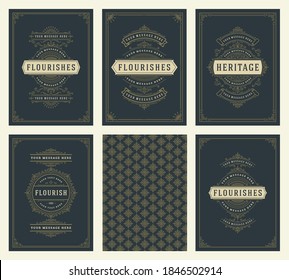 Vintage ornament greeting cards set templates flourish ornate frames and pattern background vector illustration for wedding invitations, greeting cards or other design and place for text.