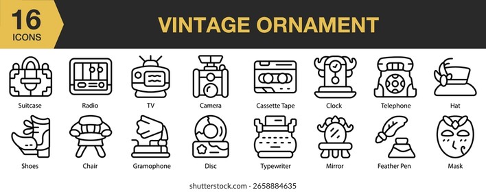 Conjunto de iconos de Antiguas Ornament. Incluye adorno, decoración, vintage, retro, elegante y más. Colección de Vector de iconos de contorno.