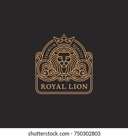 Vintage ornament label template with a lion head in outline style. Vector illustration.