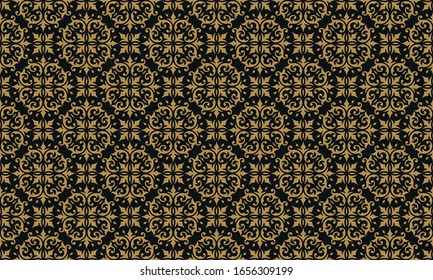 Viñetas adornadas con adornos vectoriales sin fisuras adamascados dorados giran. Fondo clásico para tela o papel pintado y embalaje.