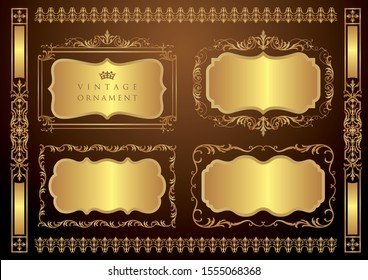Vintage ornament set. Frame and border. Gold color.
