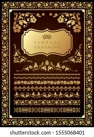 Vintage ornament set. Frame and border. Gold color.