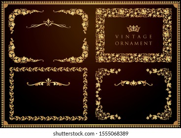 Vintage ornament set. Frames and borders. Gold color.