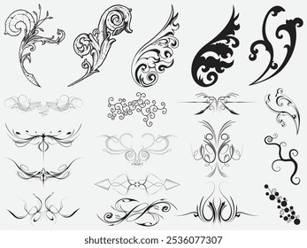 vintage ornament set.Vector art deco floral ornaments elements, ornamental curls, swirls.