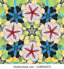 Vintage ornament. Simple seamless pattern - blue, beige and yellow elements. Vector illustration.
