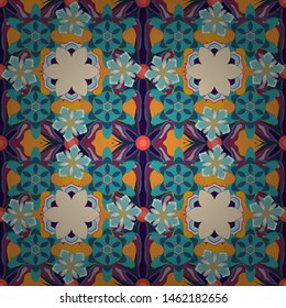 Vintage ornament. Simple seamless pattern - blue, brown and gray elements. Vector illustration.