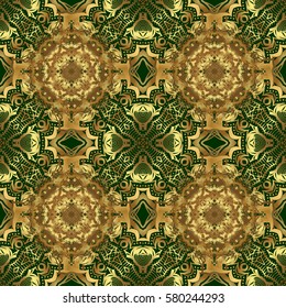 Vintage ornament. Vector green and golden pattern for your designs and backgrounds. Modern geometric seamless pattern for wrapping paper, fabric or textile.