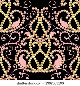 Vintage ornamental 3d pearl necklace Damask vector seamless pattern. Jewelry hand drawn paisley ornament. Elegance flowers, leaves, swirls, lines, pearl gemstones. Ornate modern  background