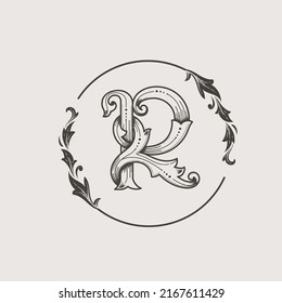 vintage ornamental alphabet letter R with floral decorative frame vector illustration