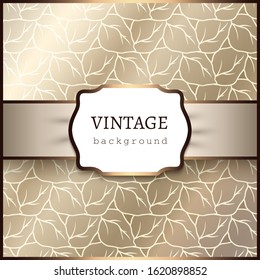 Vintage ornamental background with floral pattern, gold vector label with satin ribbon, elegant golden decoration for wedding invitation or packaging design. Place for text