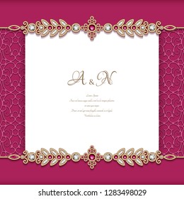 Vintage ornamental background with jewellery border pattern decorated with diamonds and ruby gemstones, vector wedding invitation card template with place for text