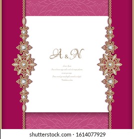 Vintage ornamental background with jewelry border pattern, antique jewellery frame, elegant vector save the date card or wedding invitation template with place for text