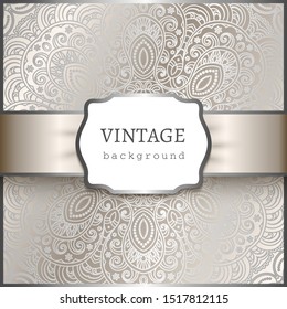 Vintage ornamental background with silver floral pattern, vector label with satin ribbon, elegant decoration in neutral color for wedding invitation or packaging design. Place for text