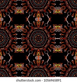Vintage ornamental background with victorian pattern in orange and red colors. Vector illustration. Seamless damask pattern.