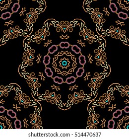 Vintage ornamental background with victorian pattern in neutral, pink and yellow colors. Vector illustration. Seamless damask pattern.