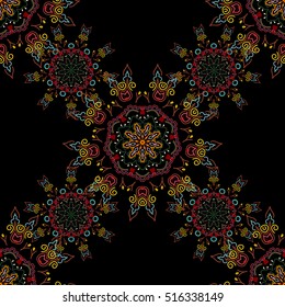 Vintage ornamental background with victorian pattern in pink, blue and green colors. Vector illustration. Seamless damask pattern.