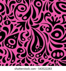 Vintage ornamental background with victorian pattern in pink and black colors. Vector illustration. Seamless damask pattern.