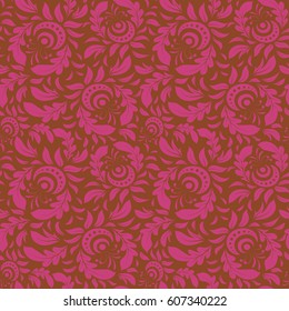 Vintage ornamental background with victorian pattern in brown and magenta colors. Vector illustration. Seamless damask pattern.