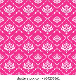 Vintage ornamental background with victorian pattern in white and pink colors. Vector illustration. Seamless damask pattern.
